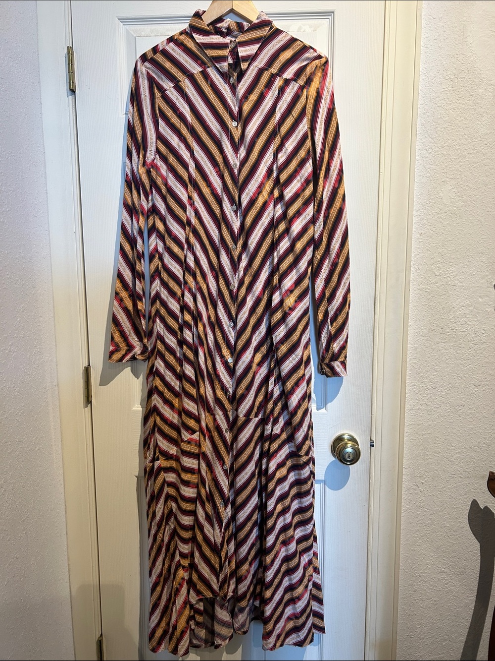 Long Sleeve Striped Maxi Dress in Burgundy, Cream & Black